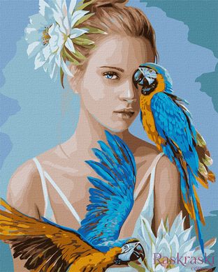 Картина за номерами Дівчина з блакитними папугами (KH4802) Идейка фото інтернет-магазину Raskraski.com.ua