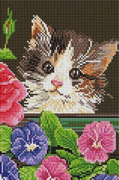 Картина стразами Котик у квітах ColorArt (CLR-DT723) 20 х 30 см фото інтернет-магазину Raskraski.com.ua