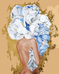 Живопис по номерам Дівчина з блакитними півоніями (золоті фарби) (BJX1083) фото інтернет-магазину Raskraski.com.ua