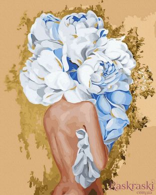 Живопис по номерам Дівчина з блакитними півоніями (золоті фарби) (BJX1083) фото інтернет-магазину Raskraski.com.ua