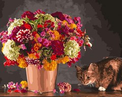 Живопис по номерам Кіт і букет квітів (BK-GX45495) (Без коробки)