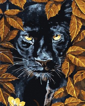 Картина по номерам Пантера в золотых листьях (золотые краски) (JX1126) (Без коробки)