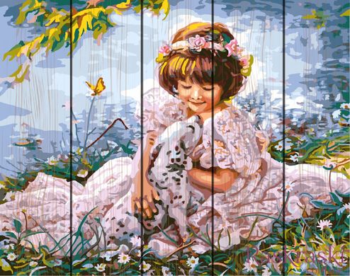 Картина за номерами на дереві Дівчинка з долматинців (RA-GXT8553) Rainbow Art фото інтернет-магазину Raskraski.com.ua