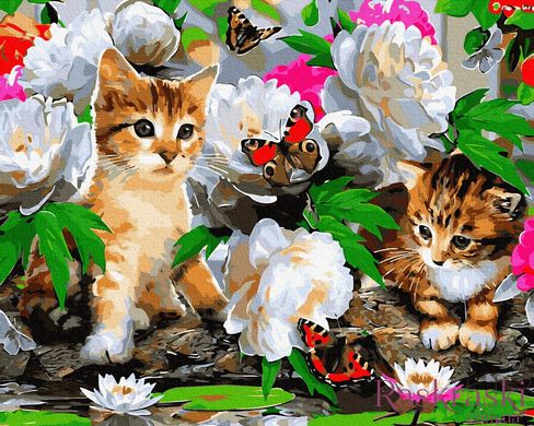 Картина по номерам Котята с бабочками (BK-GX8285) (Без коробки)