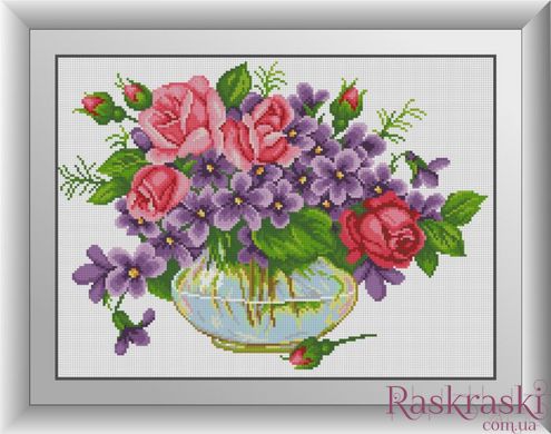 Картина из мозаики Фиалки с розами (квадратные камни, полная зашивка) Dream Art (DA-30539, Без подрамника) фото интернет-магазина Raskraski.com.ua