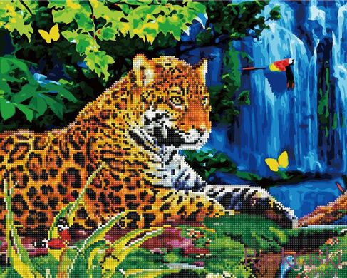 Алмазна картина Леопард біля водоспаду (GZS1042) Rainbow Art (Без коробки) фото інтернет-магазину Raskraski.com.ua