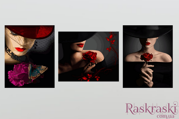 Розмальовка по цифрам Триптих комбінований Дівчата з квітами (2 картини вертикальні і 1 горизонтальна) (VPT901) Babylon фото інтернет-магазину Raskraski.com.ua