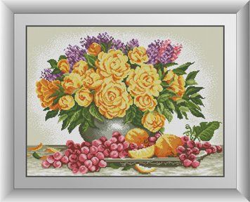 Мозаика алмазная Натюрморт с розами и виноградом Dream Art (DA-30628, Без подрамника) 47 х 62 см фото интернет-магазина Raskraski.com.ua