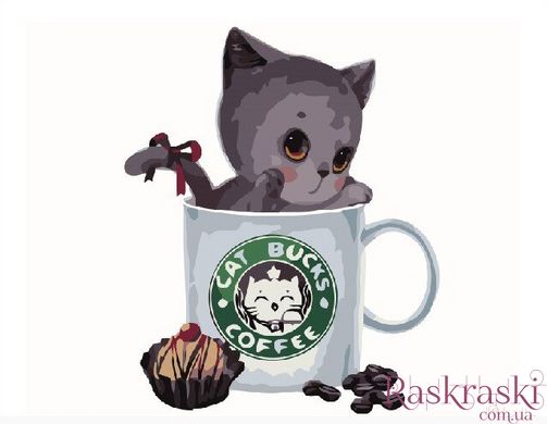 Картина за номерами Сірий котик в кавовій чашці (BRM8398) фото інтернет-магазину Raskraski.com.ua