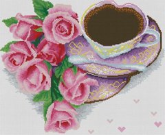 Картина стразами Кофе с розами (41 х 50 см) Dream Art (DA-31810, Без подрамника) фото интернет-магазина Raskraski.com.ua