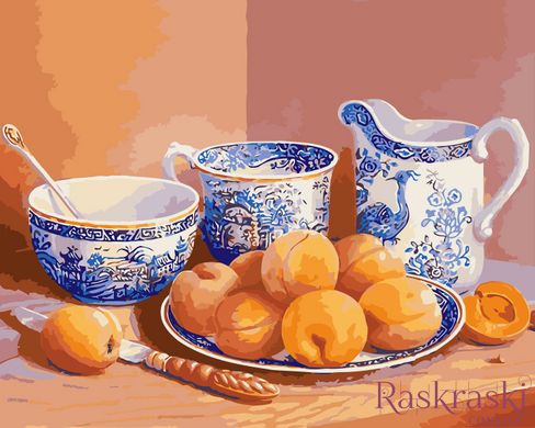 Картина по номерам Натюрморт с абрикосами и старинным сервизом (KH5512) Идейка фото интернет-магазина Raskraski.com.ua