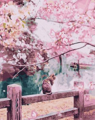 Картина по номерам Котик в цветущей сакуре (BK-GX30046) (Без коробки)