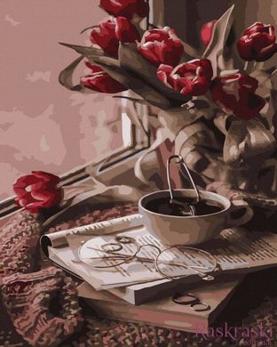 Картина раскраска Тюльпаны и чай (BRM44988) фото интернет-магазина Raskraski.com.ua