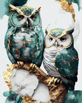 Картины по номерам Белые совы (золотые краски) (BJX1100) фото интернет-магазина Raskraski.com.ua
