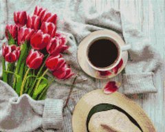 Набор алмазной вышивки Чашка кофе и розовые тюльпаны BrushMe (DBS1048, На подрамнике) фото интернет-магазина Raskraski.com.ua