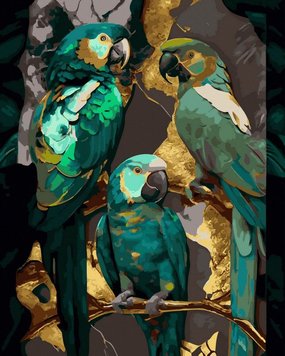 Раскраска по цифрам Зеленые попугаи (золотые краски) (JX1103) (Без коробки)