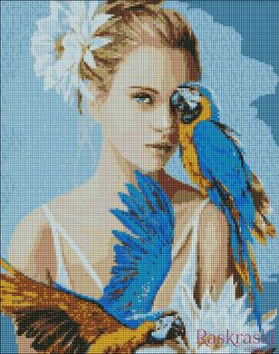 Картина алмазна вишивка Дівчина з блакитними папугами ©Ira Volkova Ідейка (AMO7208) фото інтернет-магазину Raskraski.com.ua